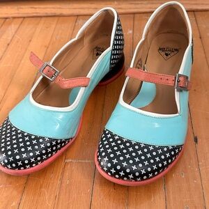 John Fluevog Sandra Turquoise and Black Mary Jane Flats